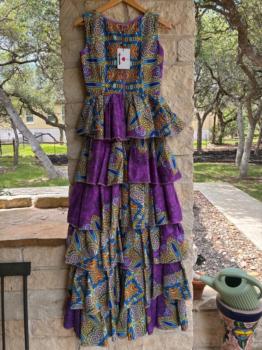 Handmade Rhonkafella Woman’s Tiered Maxi Dress in Purple, Blue & Gold Size S/M